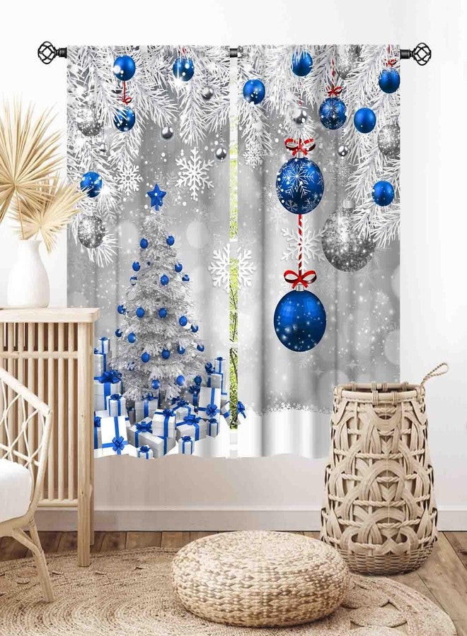 TKUYO Christmas Curtains for Living Room, Xmas Merry Christmas Tree Fir Twigs Ball New Year Winter Snow Holiday Party Decor Silver Blue Window Drapery for Bedroom Kitchen Bathroom Nursery Home, 42"x45" Inch - Image 1